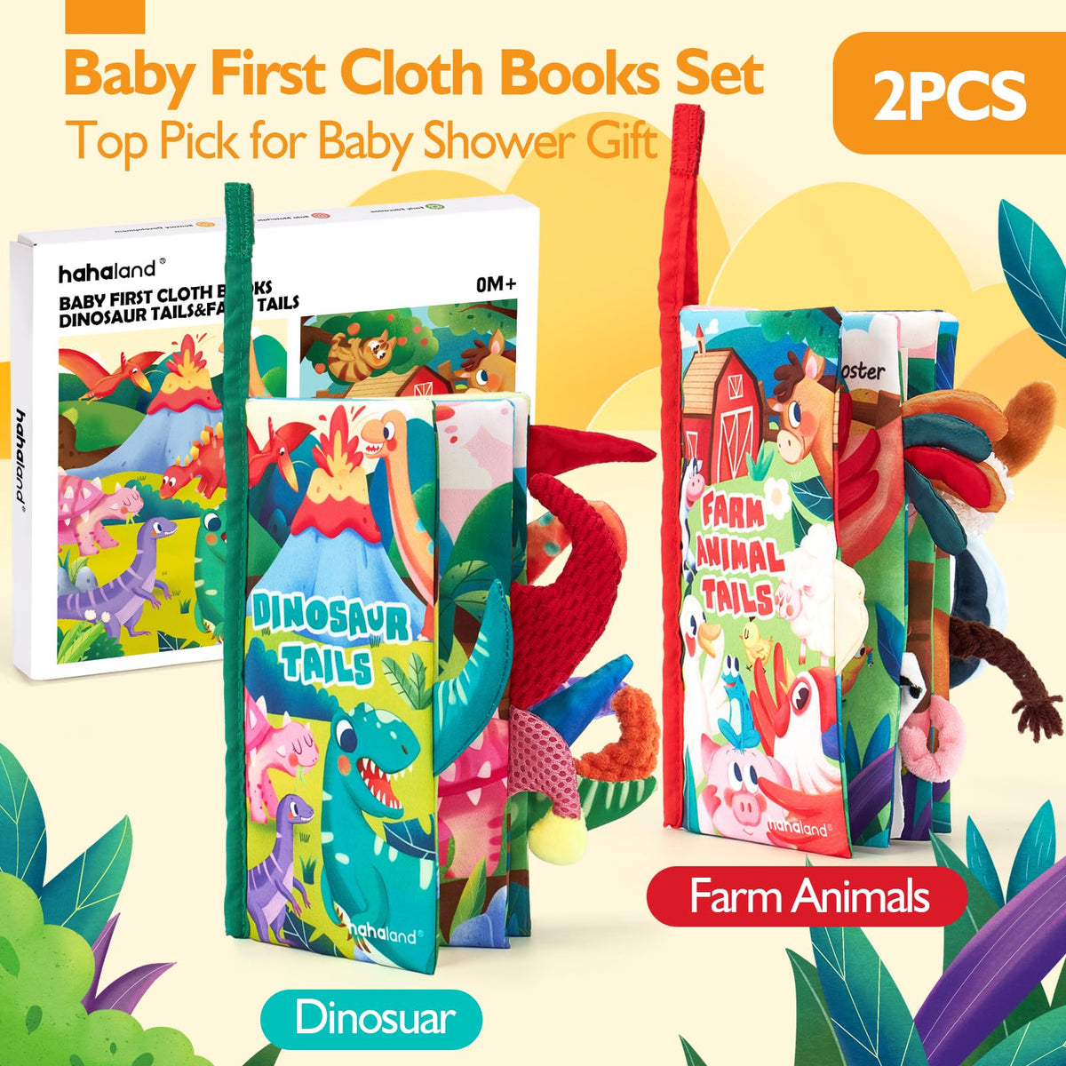 Hahaland Baby Books featuring dinosaur tail textures for engaging sensory play.
