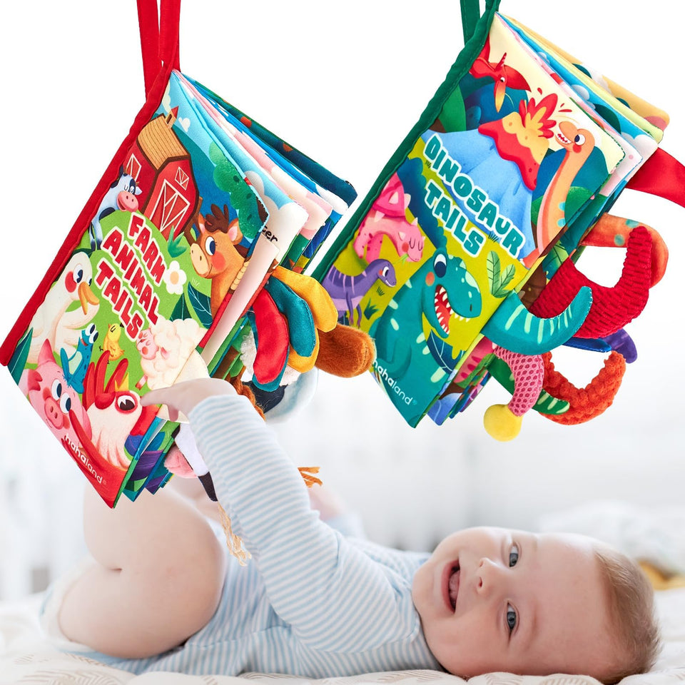 Hahaland Baby Books with farm tail textures for tactile exploration and teething comfort.