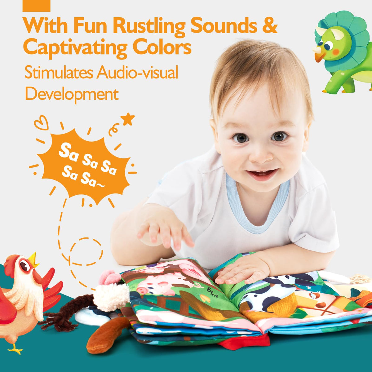 Hahaland Baby Books rustling sounds to boost attention during playtime.