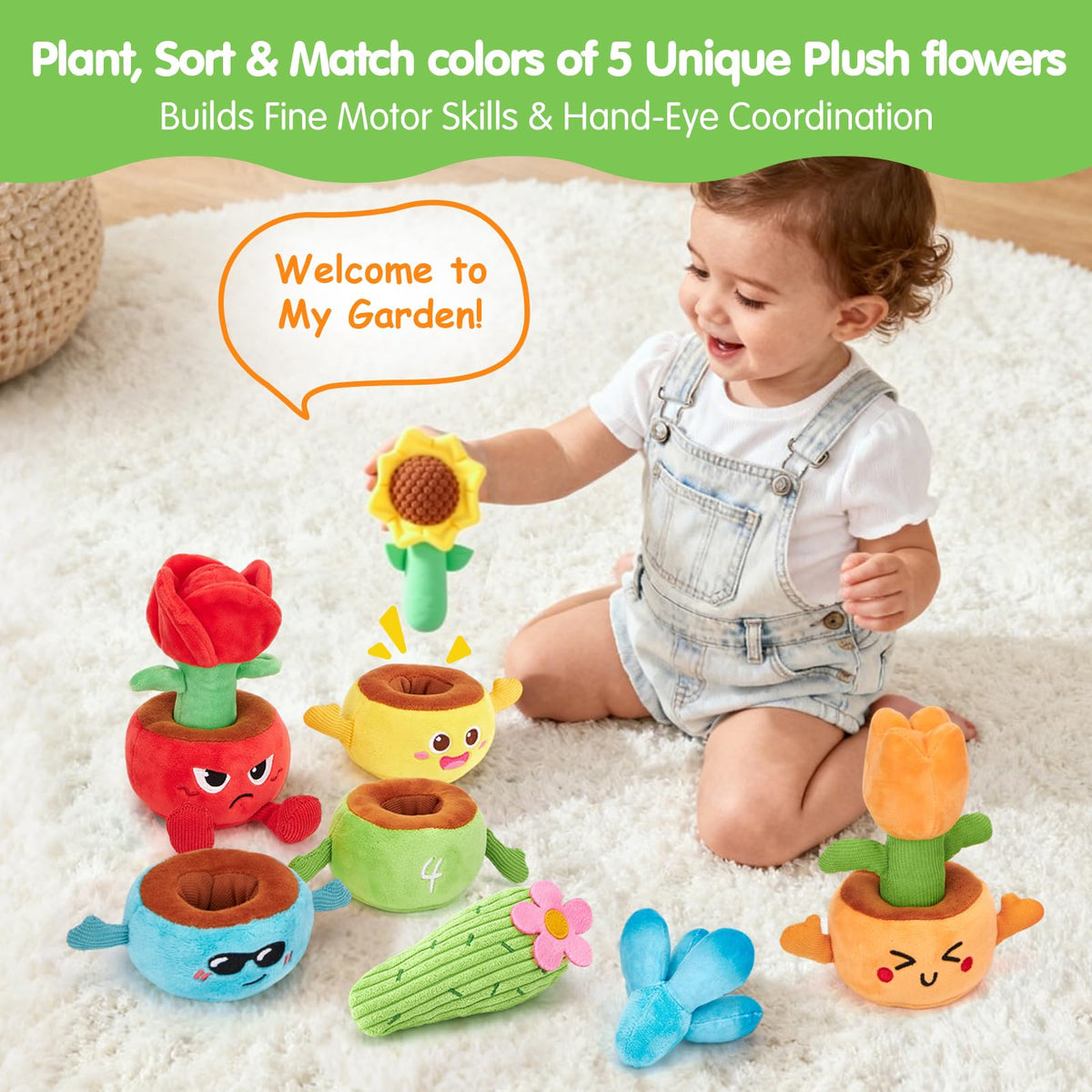 Baby's hands stacking flowers to develop grip and coordination