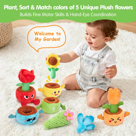 Baby's hands stacking flowers to develop grip and coordination