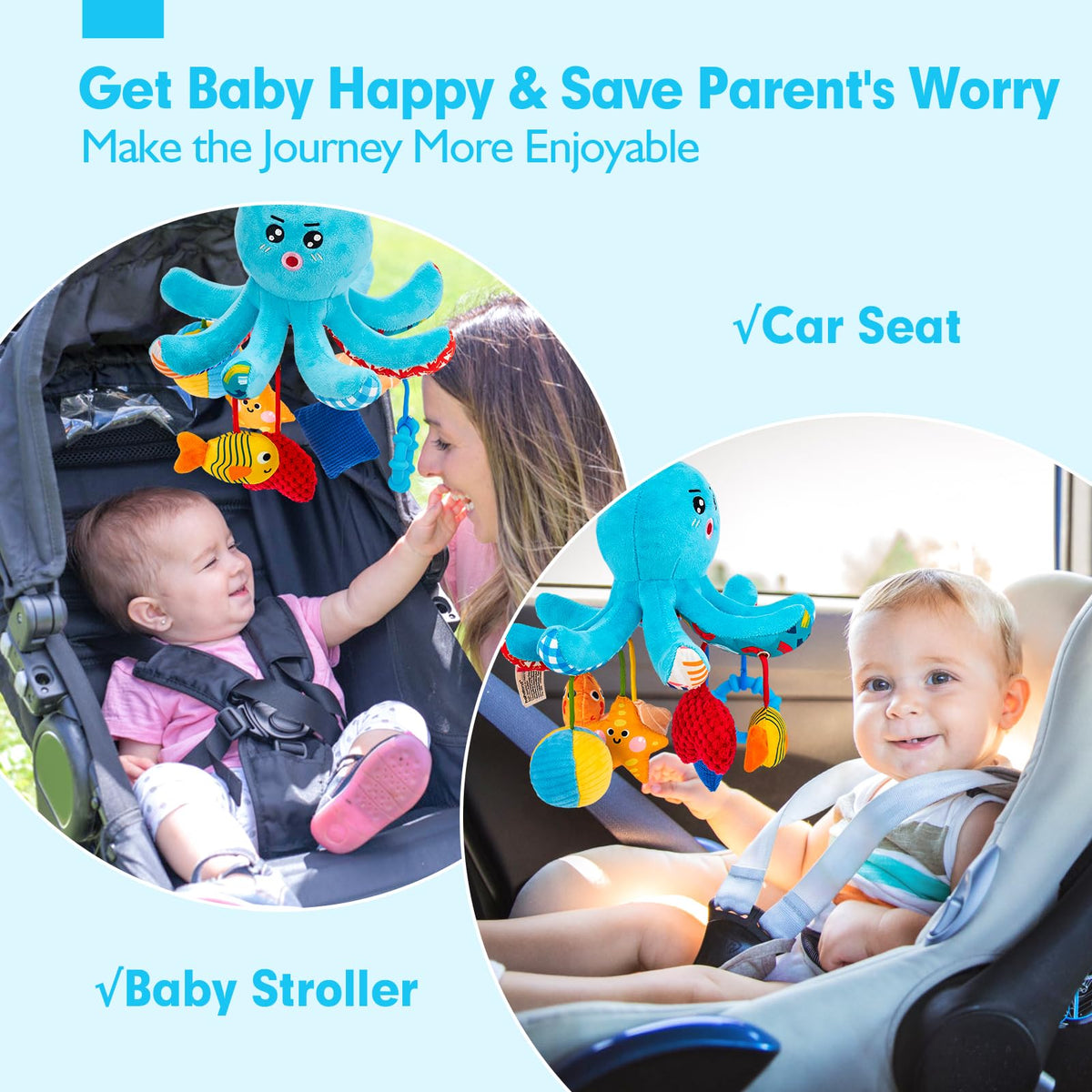 Hahaland infant sensory travel toy suits trips and car rides.