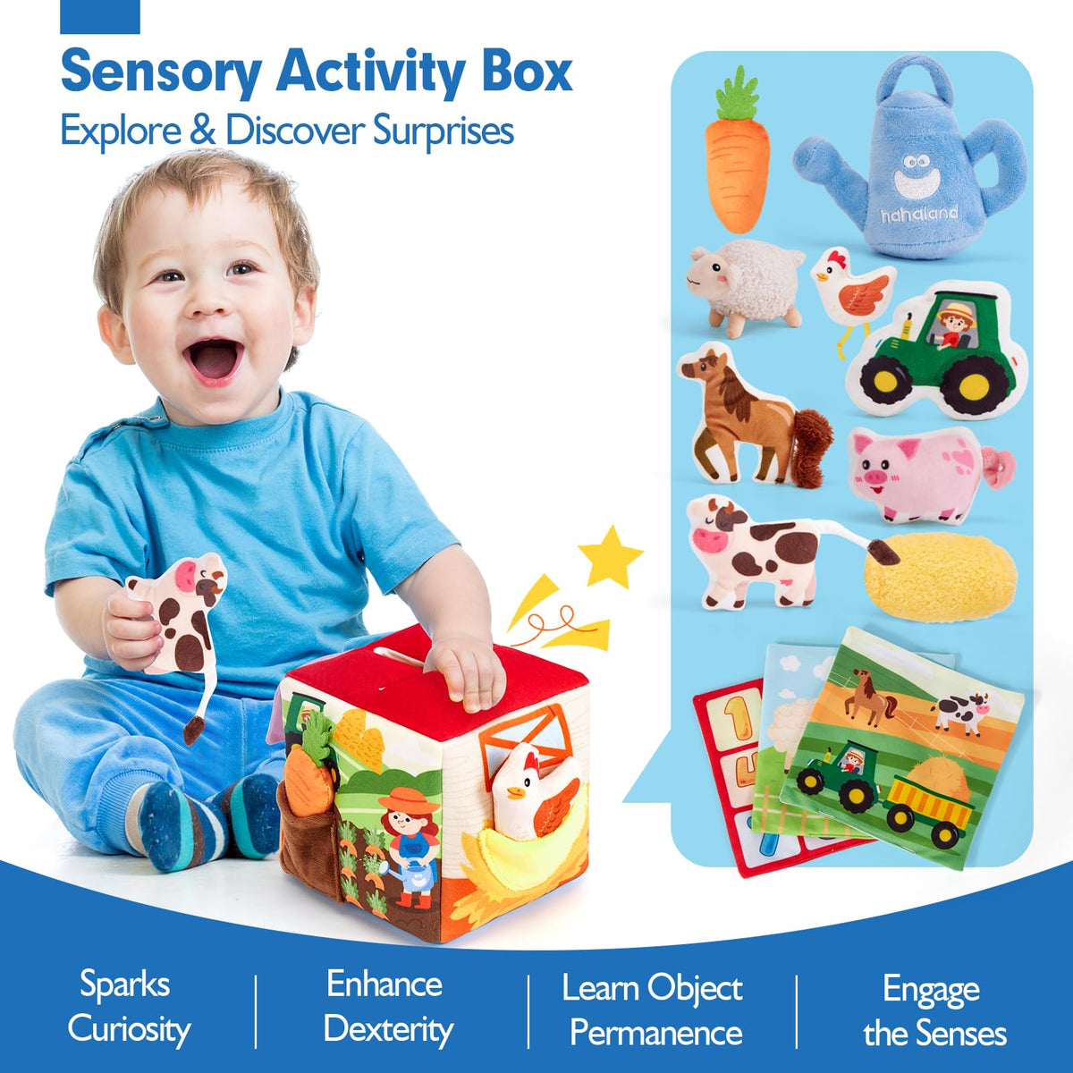 Hahaland Mystery Soft Box featuring plush farm animals and varied textures for baby play