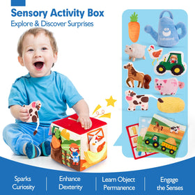 Hahaland Mystery Soft Box featuring plush farm animals and varied textures for baby play
