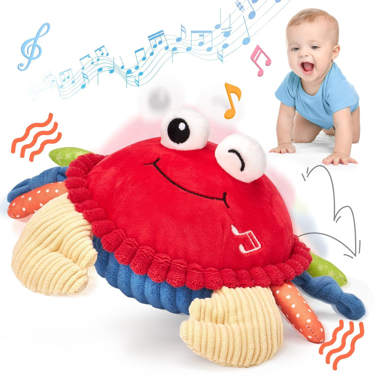 Hahaland bouncing crab toy for babies to encourage crawling and musical play.