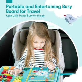 Hahaland Busy Board buttoning buckling and tying area supports fine motor precision.