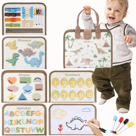 Hahaland Busy Board with dinosaur theme for toddler exploration and fine motor play