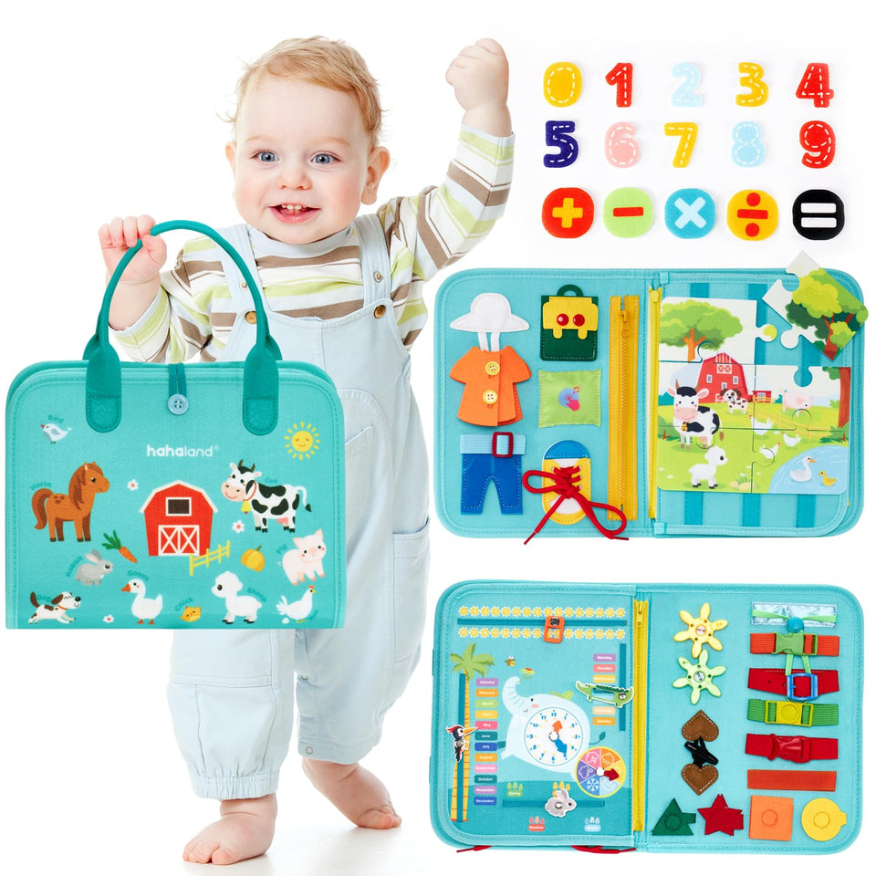 Hahaland Busy Board farm animals activity supports early learning and fine motor development.