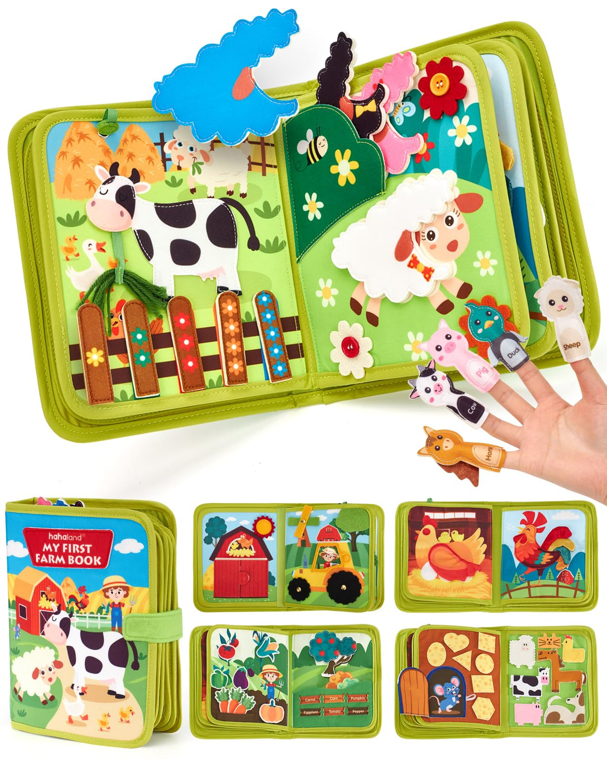 Hahaland Busy Board Farm cover—bright, tactile learning surface for curious toddlers and fine motor practice.