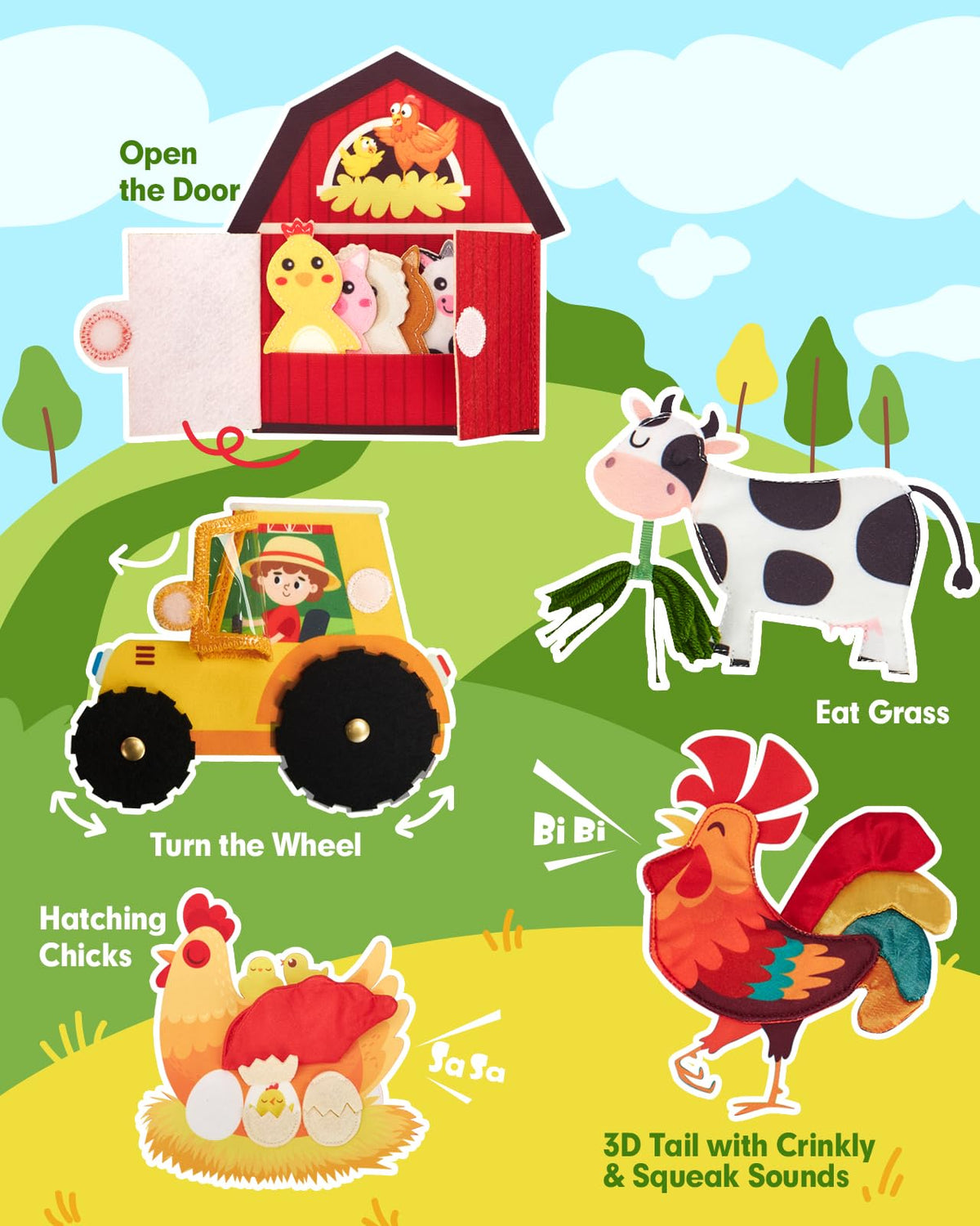 Hahaland Busy Board Farm shapes and colors to boost recognition and cognition.