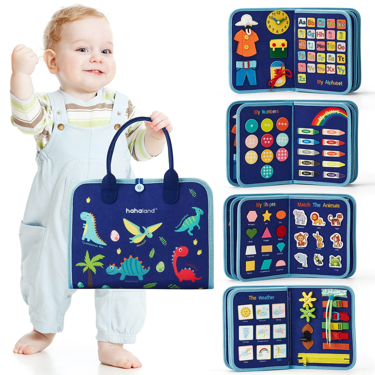 hahaland Busy Board life skills pieces help toddlers practice dressing and fastening.