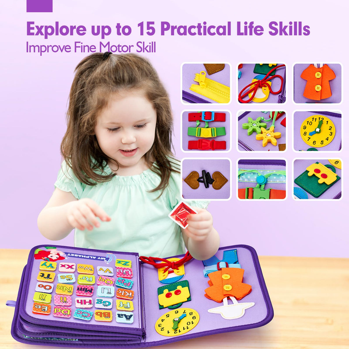 Hahaland Busy Board snap closure enhances fine motor control for little hands