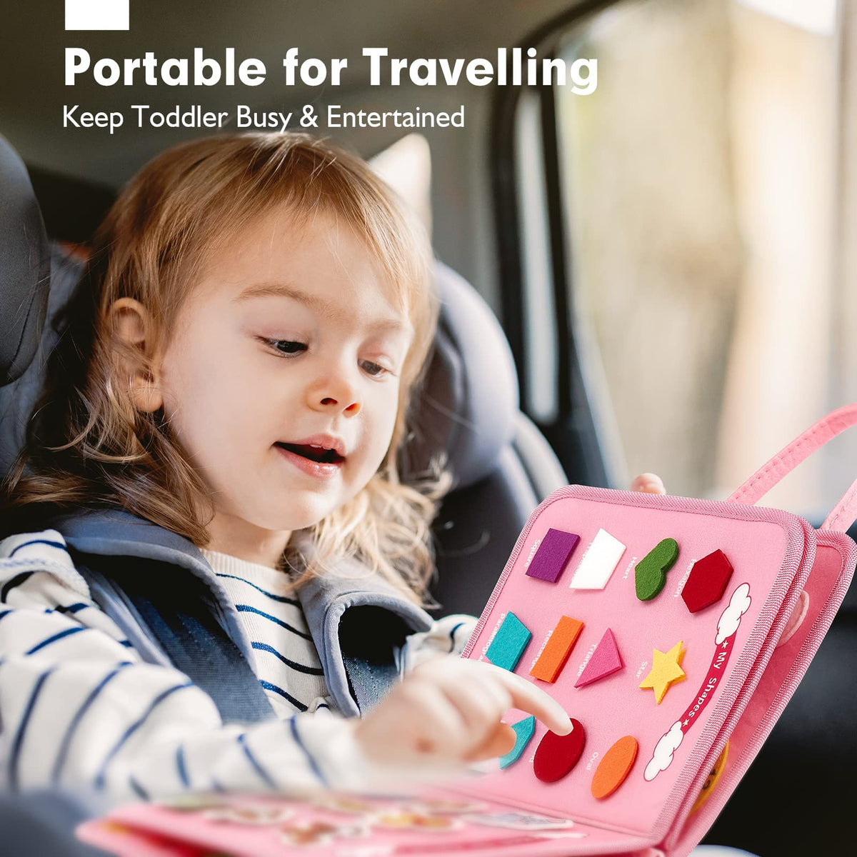 Hahaland Busy Board travel-friendly design fits compact bags for car and plane trips.
