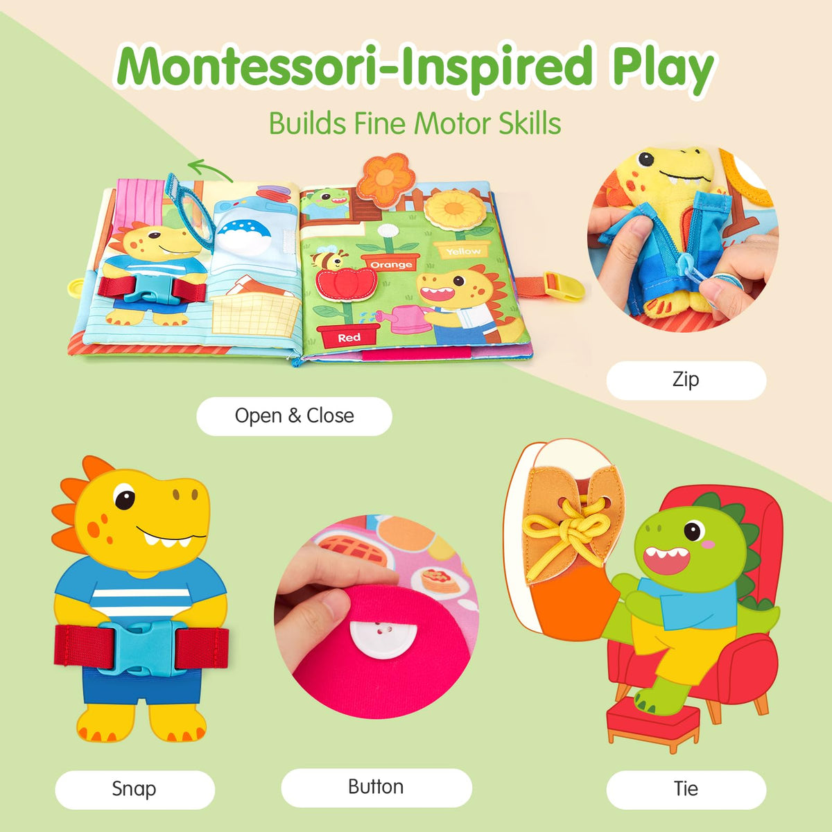 Hahaland Busy Book buttoning activity supports hand-eye coordination for toddlers.