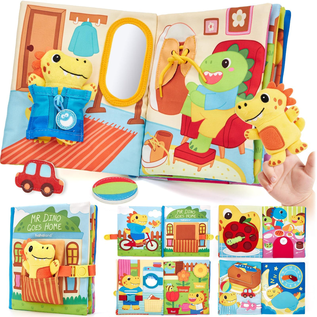 Hahaland Busy Book dinosaur door helps develop fine motor skills during travel.