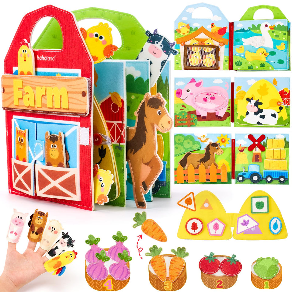 Hahaland Busy Book farm buttons page enhances fine motor skills