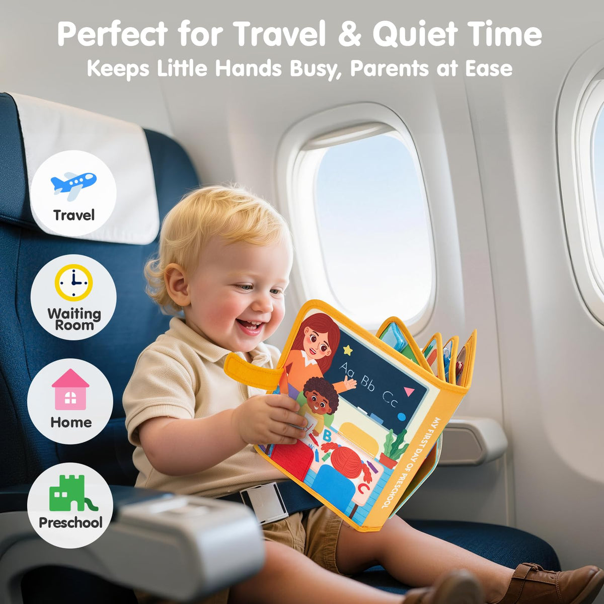 Hahaland Busy Book on-the-go setup enables travel-friendly learning.