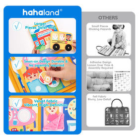 Hahaland Busy Book removable pieces store neatly for organized play.