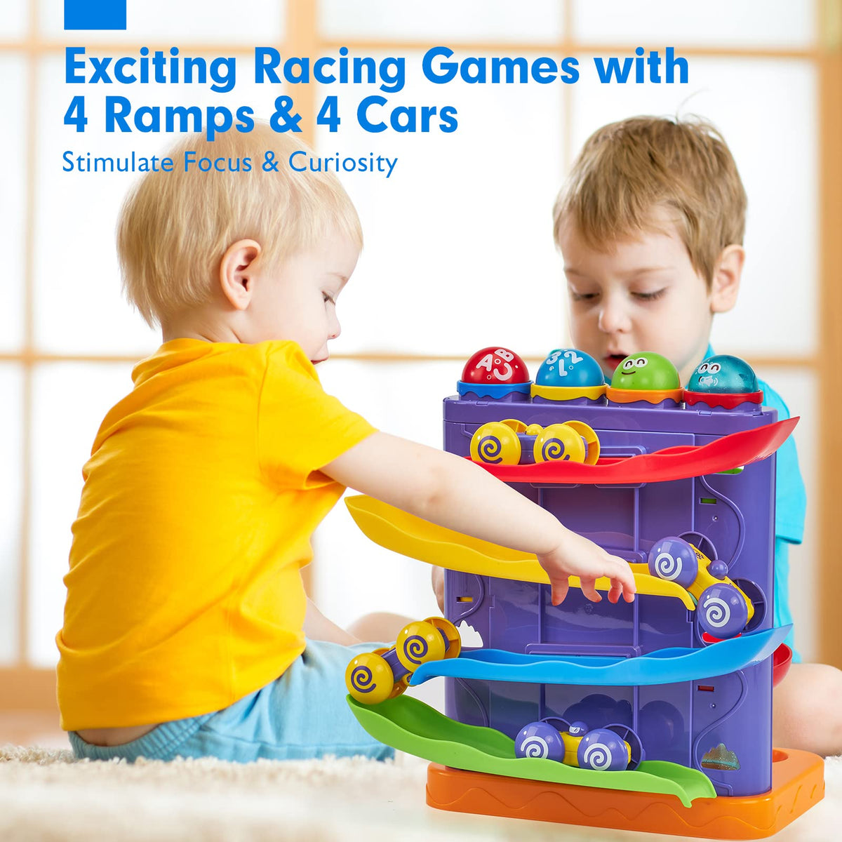 Hahaland car ramp race track invites cooperative play with four mini cars.