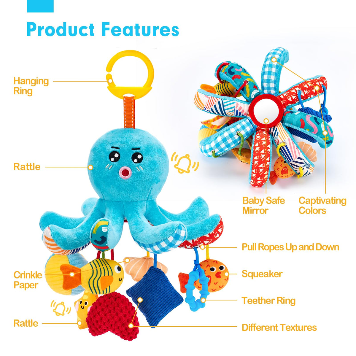 Hahaland car-seat hanging toy for strollers provides travel-friendly sensory play.
