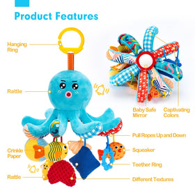 Hahaland car-seat hanging toy for strollers provides travel-friendly sensory play.