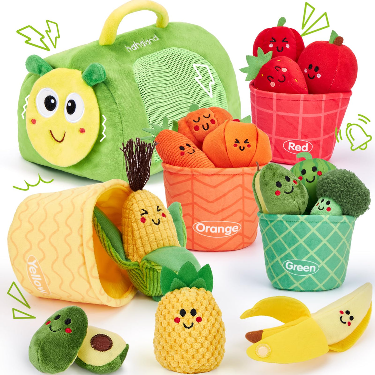 Hahaland caterpillar storage bag keeps plush toys organized for travel and play.