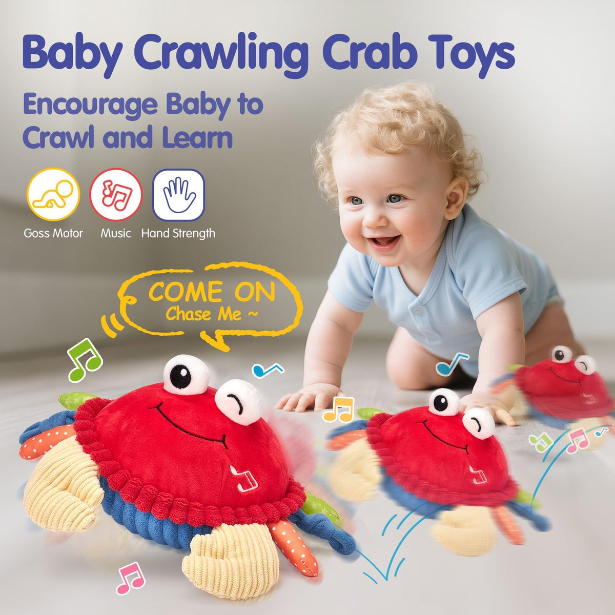 Hahaland crawling dancing crab toy helps motor skills during floor play.