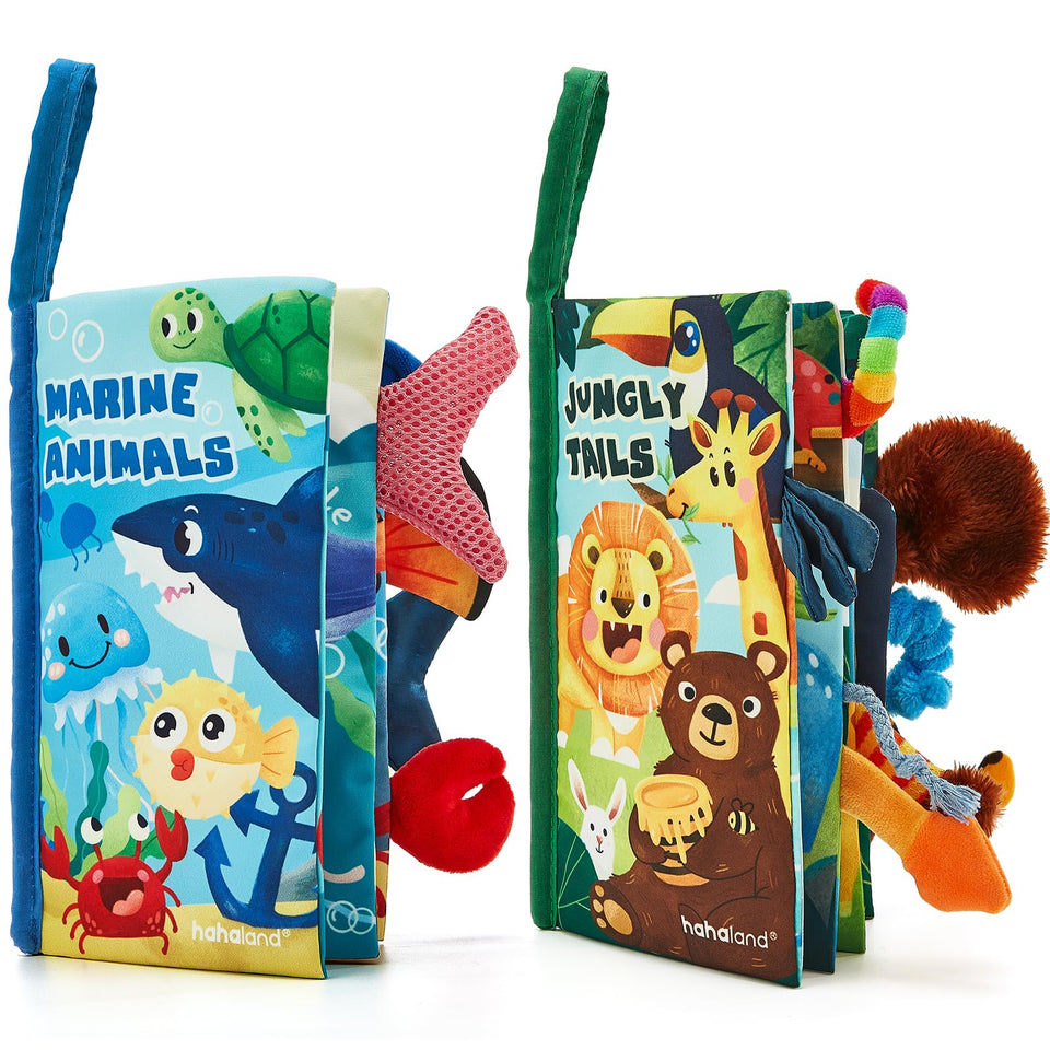 Hahaland crinkle book 2-pack: soft, safe for teething and curious exploration.