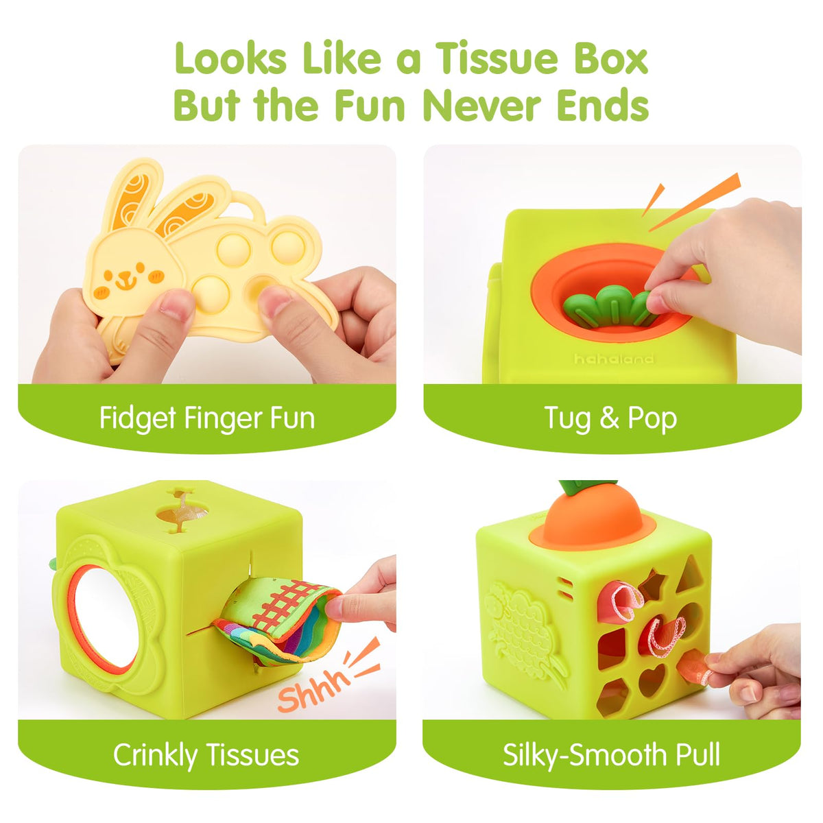 Hahaland crinkle tissues offer satisfying textures and gentle sounds during play.