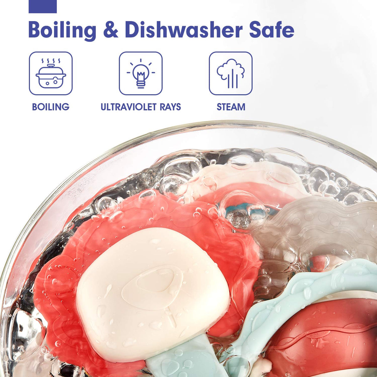 Hahaland dishwasher-safe teether set, easy cleaning and quick sterilization.