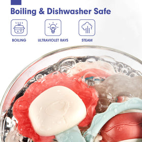 Hahaland dishwasher-safe teether set, easy cleaning and quick sterilization.