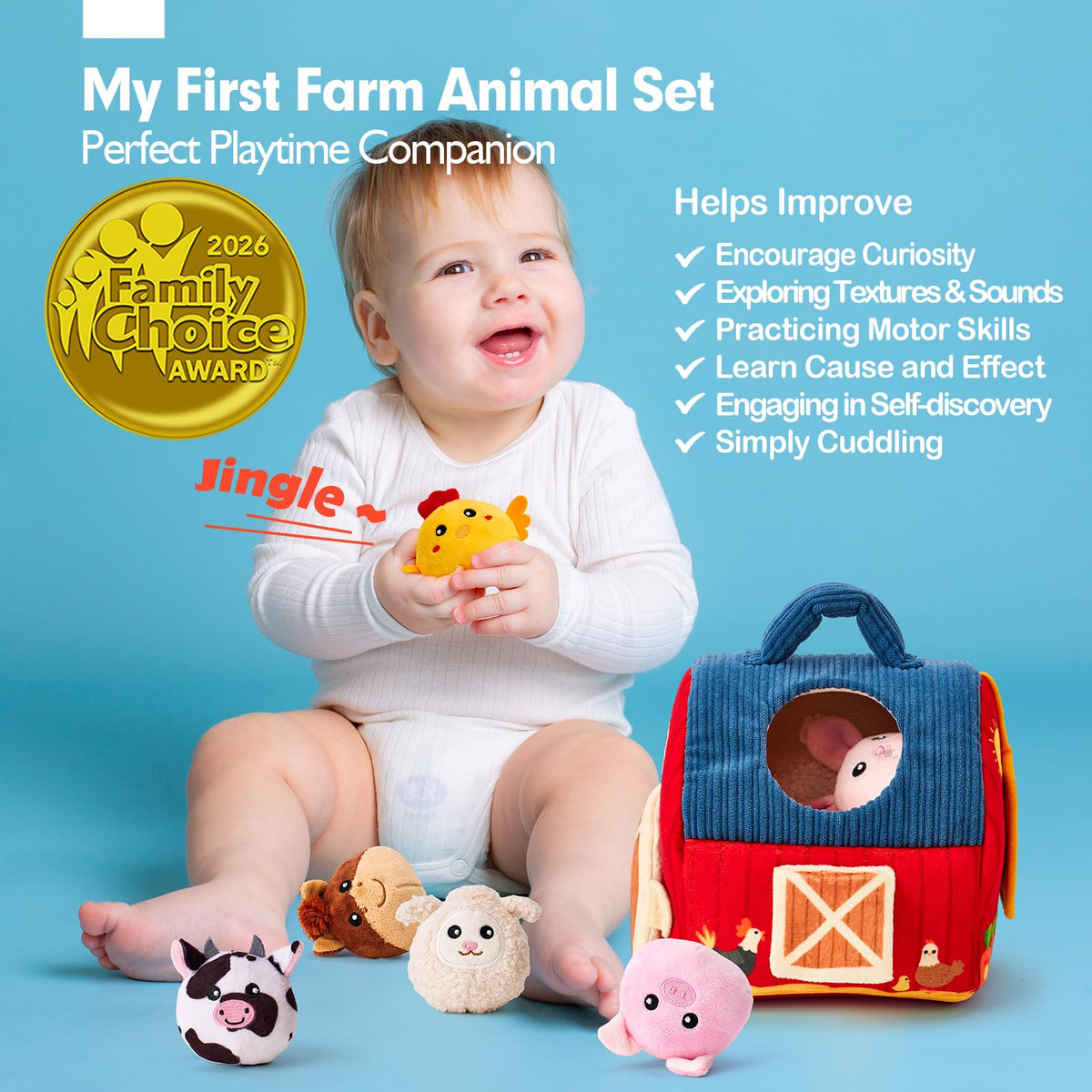 Hahaland Farm Animals Plush Set offers cuddly companions for early bonding and imaginative play.