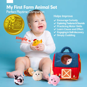 Hahaland Farm Animals Plush Set offers cuddly companions for early bonding and imaginative play.