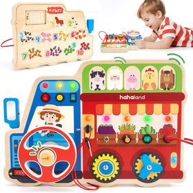 Hahaland Montessori busy board LED lights enhance sensory play and focus.