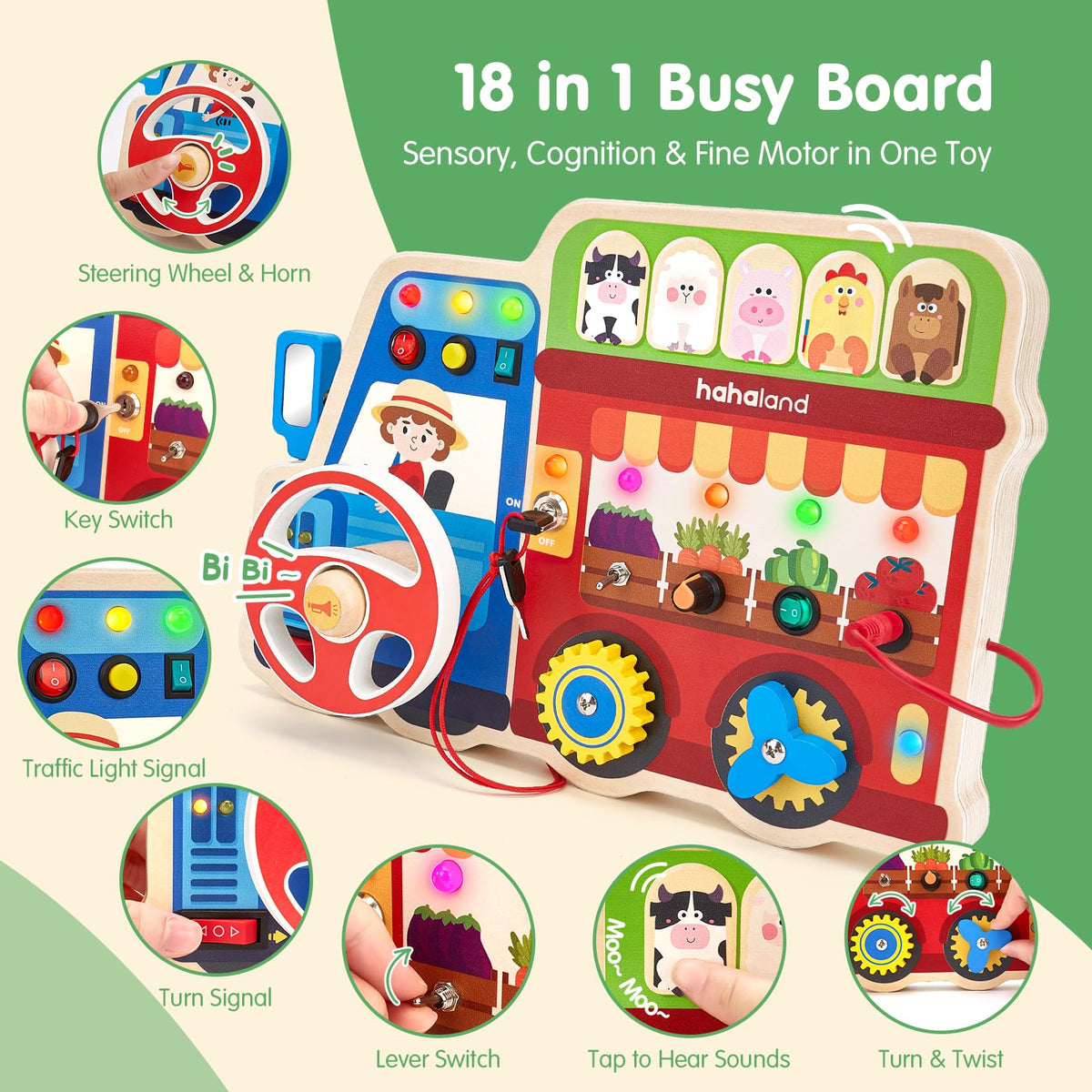 Hahaland busy board steering wheel with beep sounds for immersive pretend driving.
