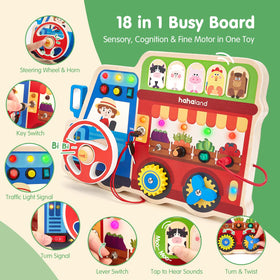 Hahaland busy board steering wheel with beep sounds for immersive pretend driving.
