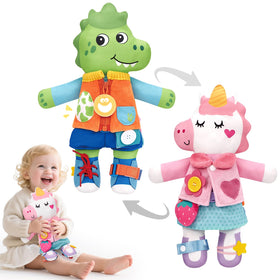 Hahaland Montessori dressing doll unicorn and dinosaur in one reversible plush for dress-up play