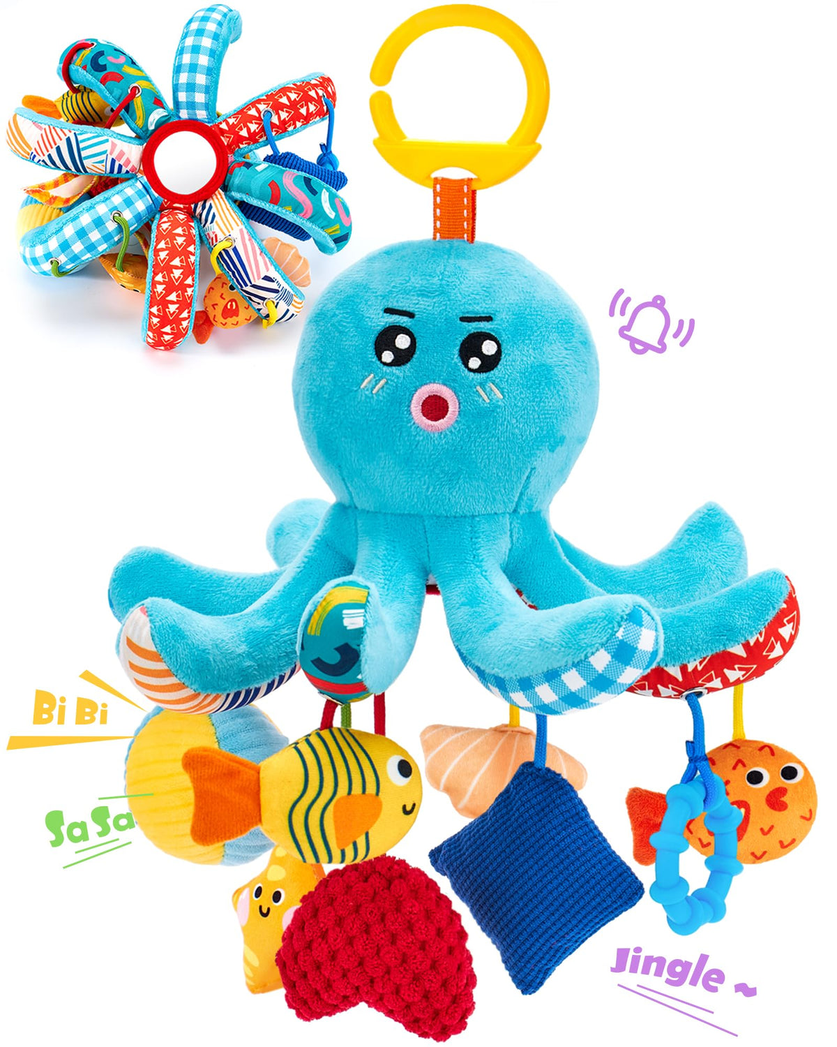 Hahaland octopus pulling cords toy promotes grasping and coordination.