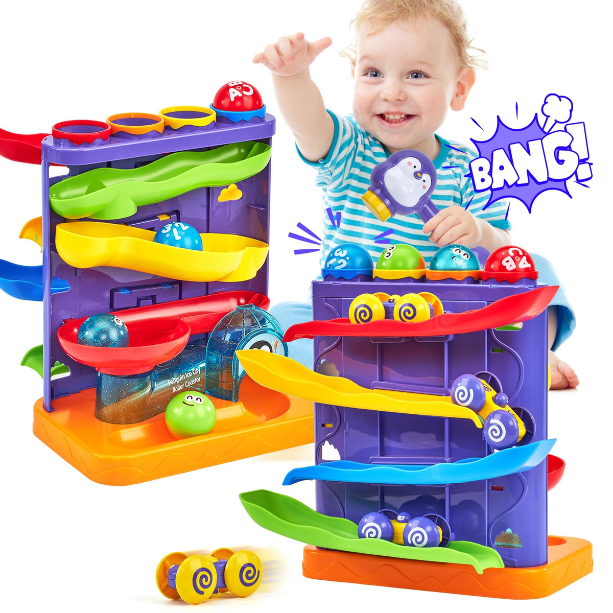 Hahaland pound ball hammer action promotes fine motor skills and cause-and-effect play.