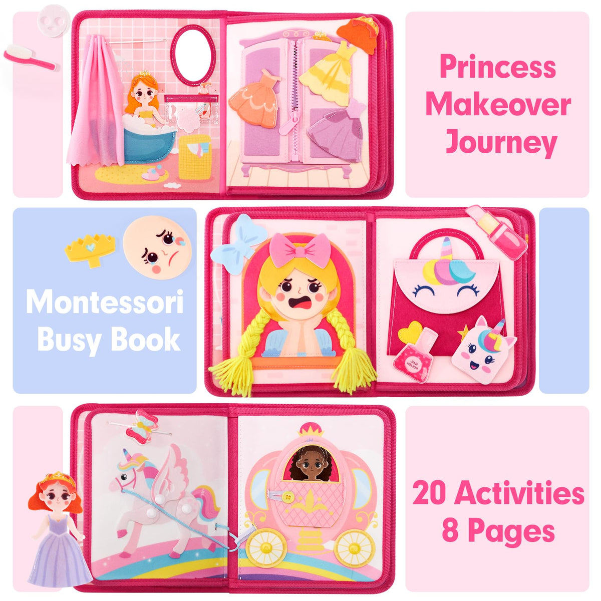 Hahaland Princess Busy Board opening page inspires imaginative pretend play during travel.