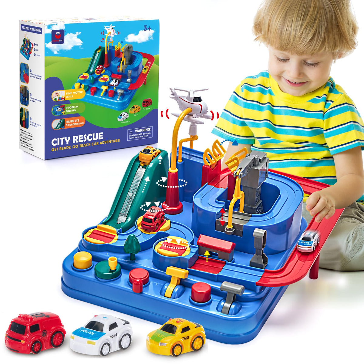 Hahaland race track toy main set enables cooperative play for siblings.