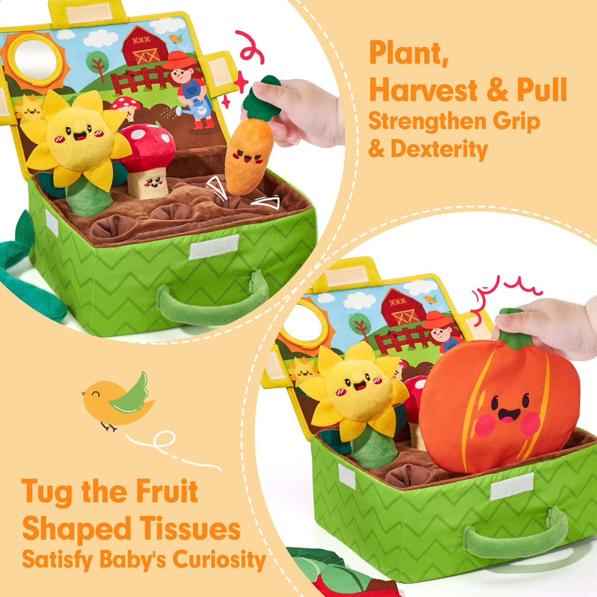 hahaland Sensory Garden apple plush demonstrates cause-and-effect with soft sounds