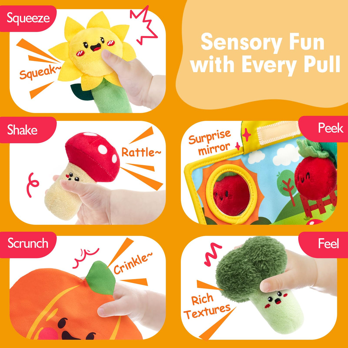 hahaland Sensory Garden pea plush offers varied textures for grasping