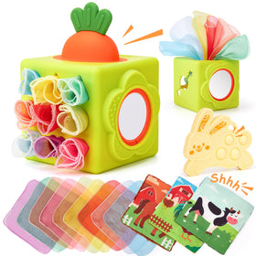 Hahaland silicone baby tissue box toy for mess-free play and tactile exploration.