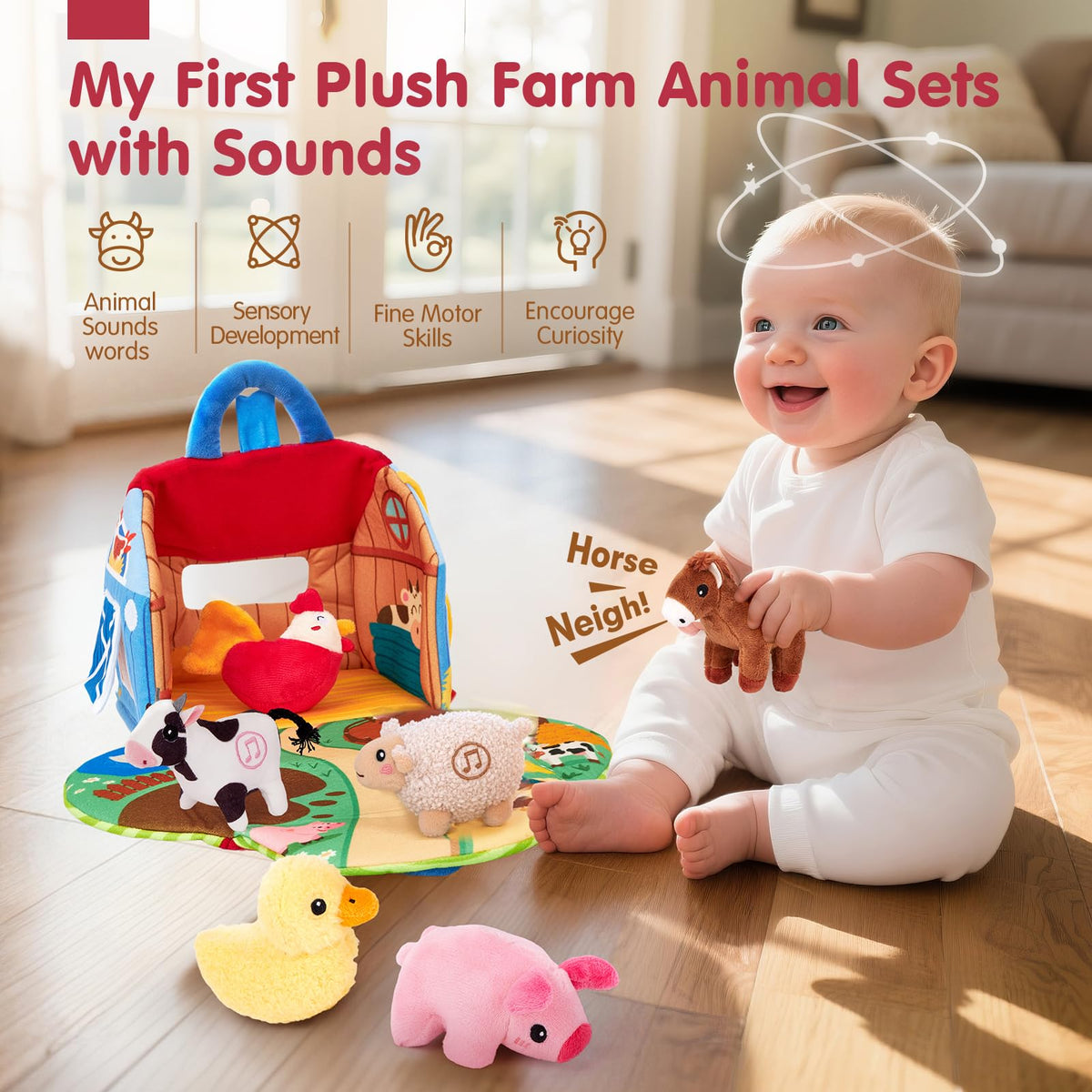 Hahaland six talking farm friends plush with sounds for early language.