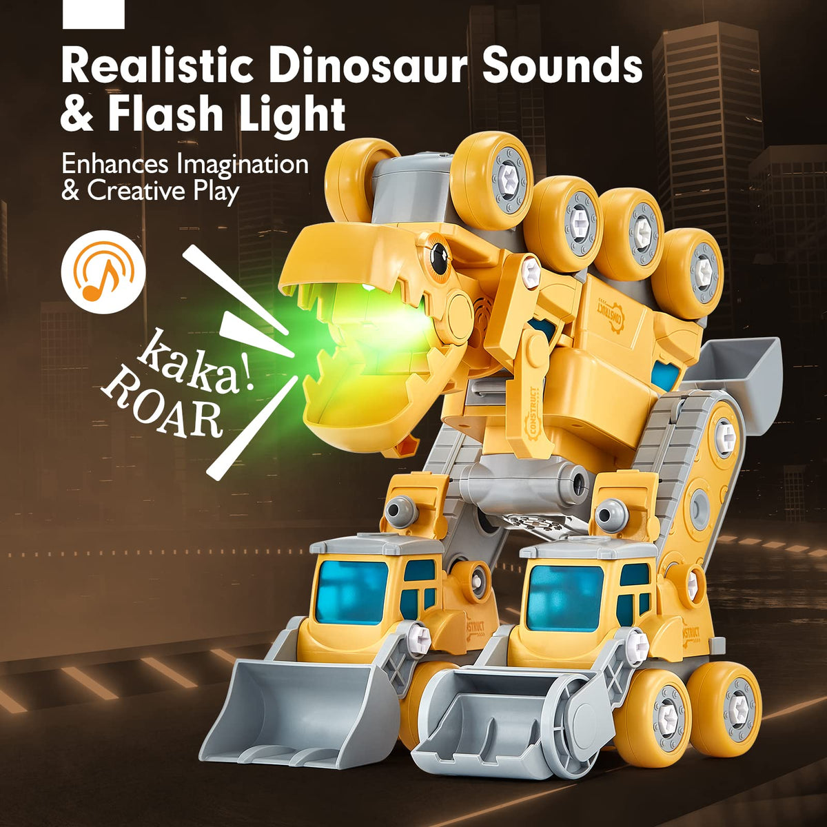 Hahaland take-apart dinosaur dump truck encourages assembly and problem-solving.