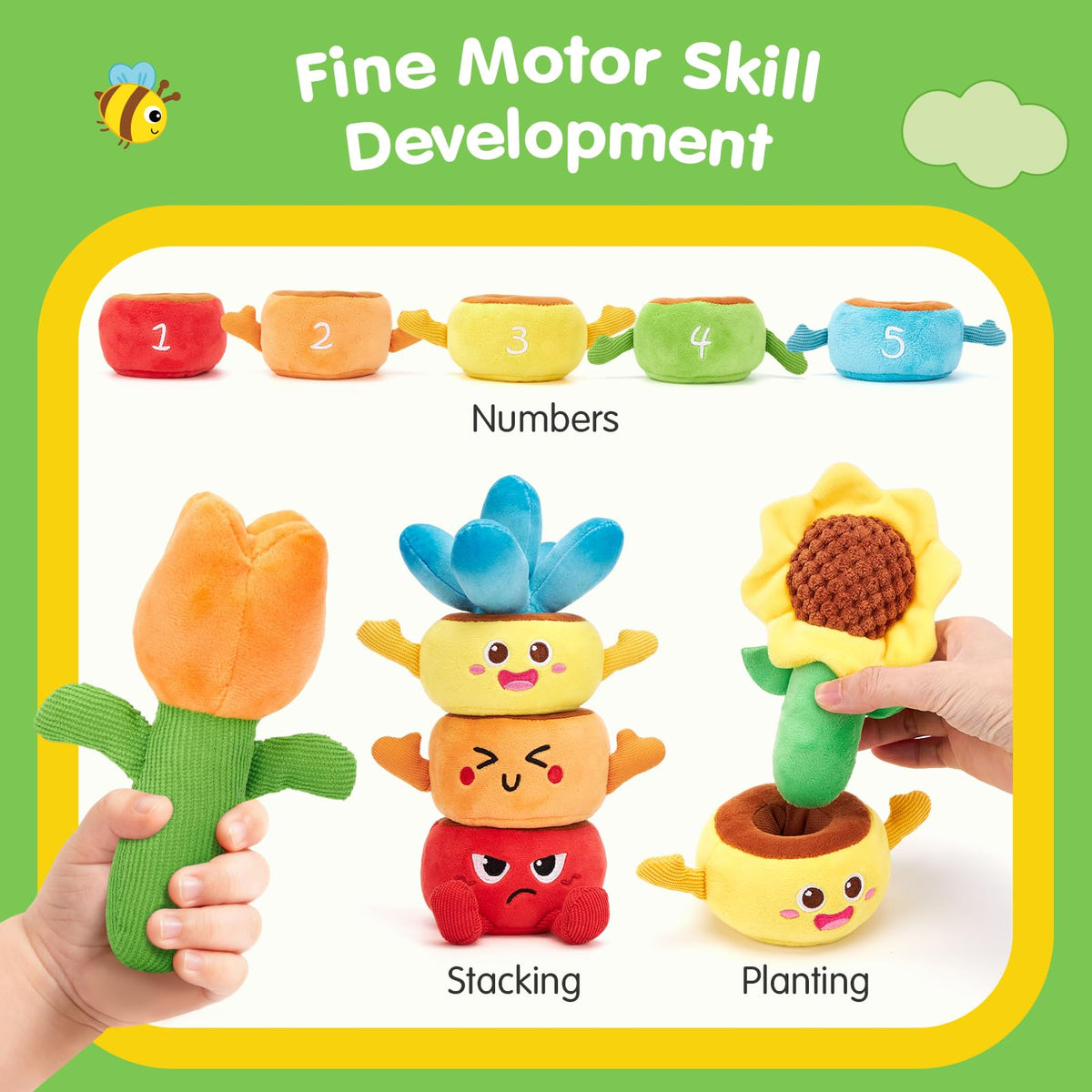 Textured plush fabric with rattles and crinkles for sensory exploration