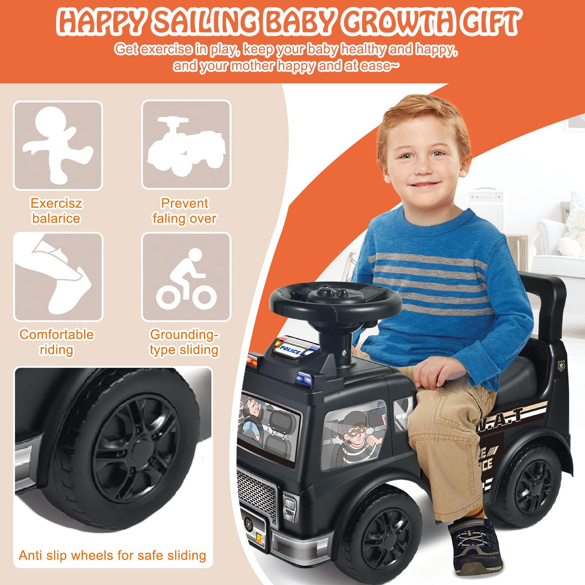 HAHONIA ride-on toy with music and steering wheel for interactive play.