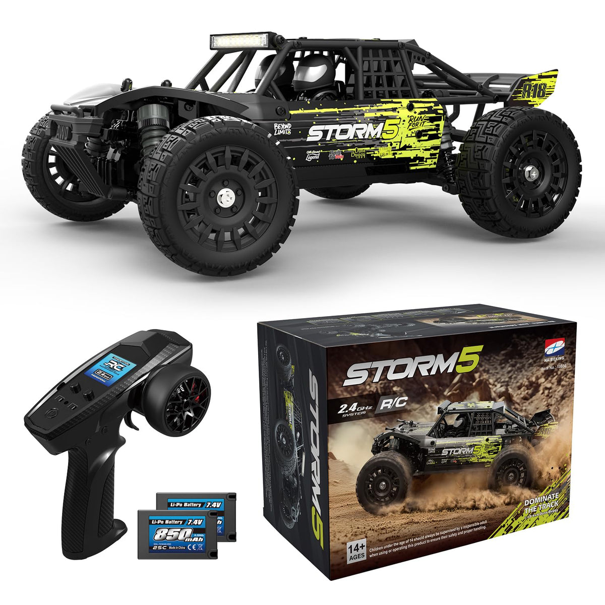 HAIBOXING 1:18 Desert Off-Road Truck conquering sandy terrain with rugged durability.