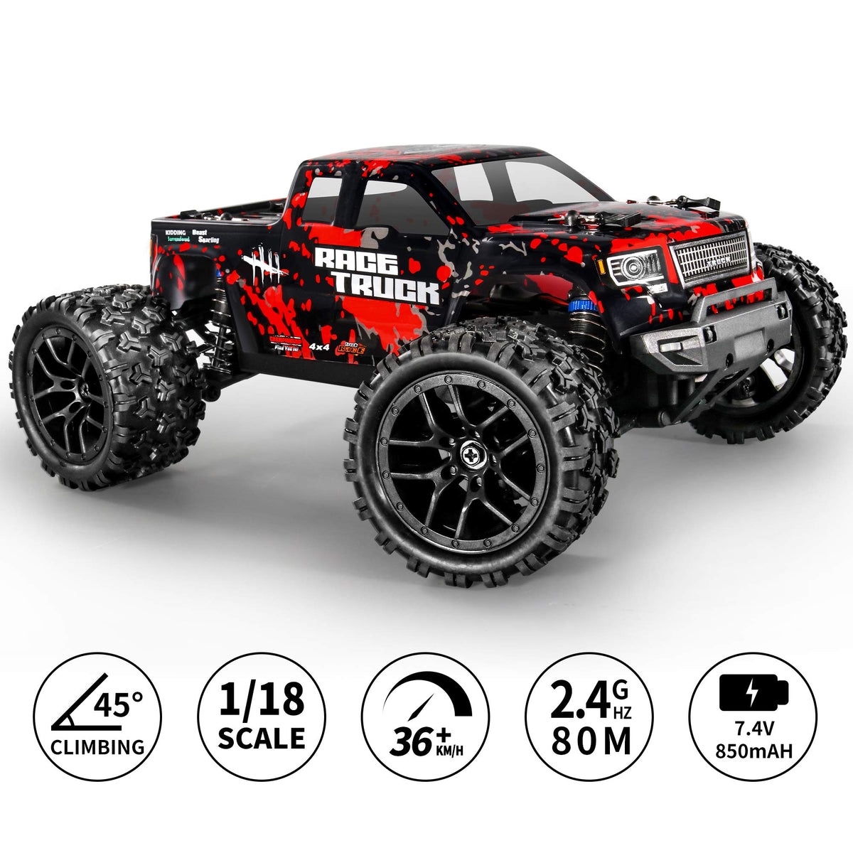 HAIBOXING 1:18 RC car front view showing rugged bumper and responsive steering